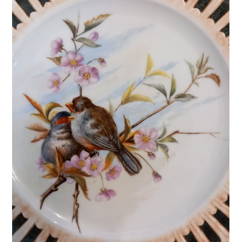 550 - Four cabinet plates, early 20th century, the wells painted over glaze with bird studies by Kate Edmu... 