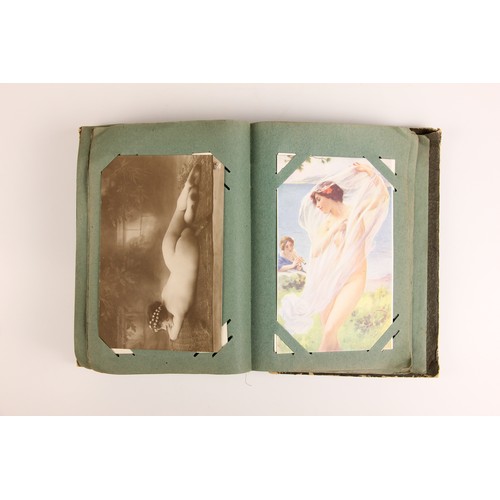 741 - A postcard album containing approximately ninety artistic and erotic postcards, to include examples ... 