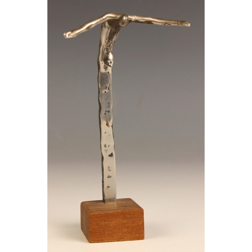 11 - John W Mills (1933-2023),   
‘Reverse Dive’,  
Polished stainless steel on square wooden base,   Han... 