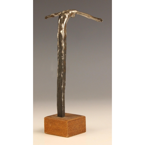 11 - John W Mills (1933-2023),   
‘Reverse Dive’,  
Polished stainless steel on square wooden base,   Han... 