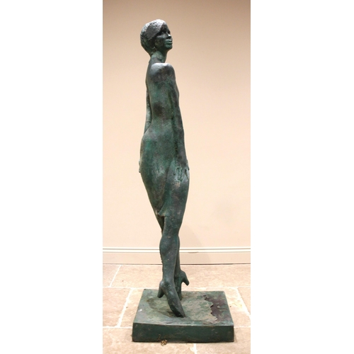 122 - John W Mills (1933-2023),   
'Irma La Douce', standing female, crossed legs,  
Patinated resin on sq... 