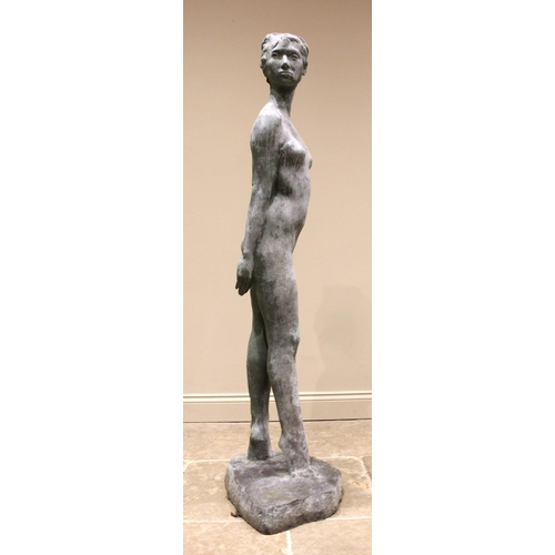 123 - John W Mills (1933-2023),   
Standing female, on tip toes,   
Patinated resin on shaped base,   
‘51... 