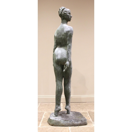 123 - John W Mills (1933-2023),   
Standing female, on tip toes,   
Patinated resin on shaped base,   
‘51... 