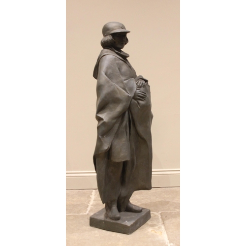 128 - John W Mills (1933-2023),   
Josephine Mills in cap and rain cape,   
Patinated resin on square base... 