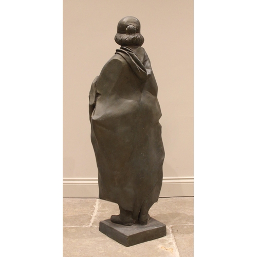 128 - John W Mills (1933-2023),   
Josephine Mills in cap and rain cape,   
Patinated resin on square base... 