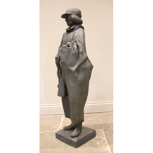 128 - John W Mills (1933-2023),   
Josephine Mills in cap and rain cape,   
Patinated resin on square base... 