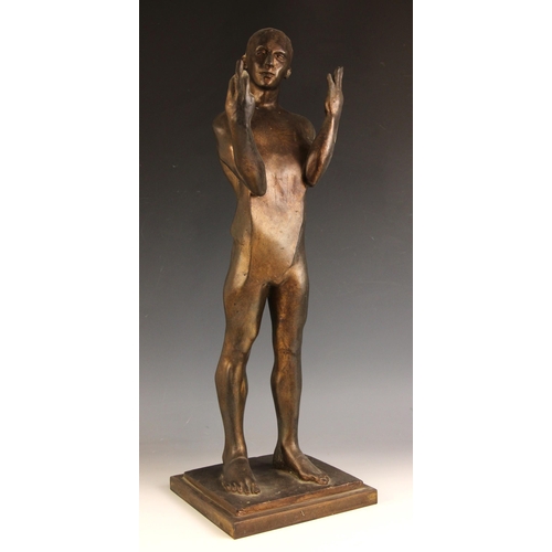 144 - John W Mills (1933-2023),  
Stylised male figure with hands raised,  
Patinated resin on integral st... 