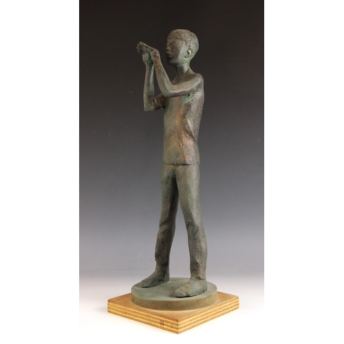 146 - John W Mills (1933-2023),  
Boy with raised hands together,  
Patinated resin on wooden base,  
53cm... 