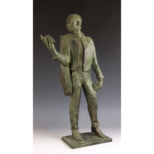 151 - John W Mills (1933-2023),  
Musician reading and holding books,  
Patinated resin on integral base, ... 