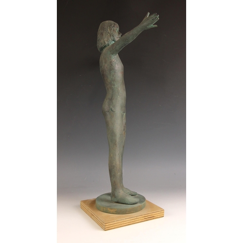 154 - John W Mills (1933-2023),  
Girl with arms outstretched,  
Patinated resin on wooden base,  
62.5cm ... 