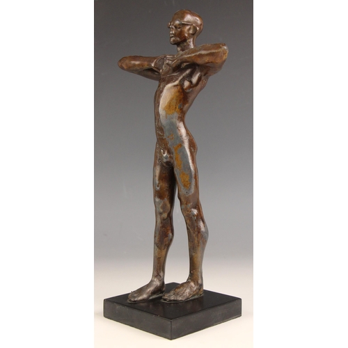 16 - John W Mills (1933-2023),   
‘Diver’ - hands beneath chin,   
Patinated bronze on square polished sl... 