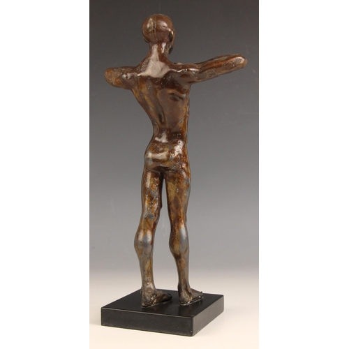 16 - John W Mills (1933-2023),   
‘Diver’ - hands beneath chin,   
Patinated bronze on square polished sl... 