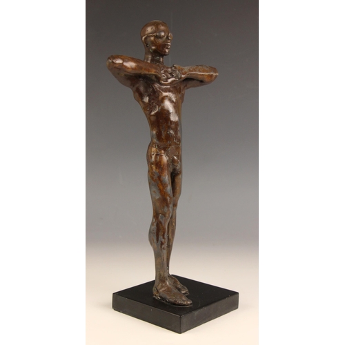 16 - John W Mills (1933-2023),   
‘Diver’ - hands beneath chin,   
Patinated bronze on square polished sl... 