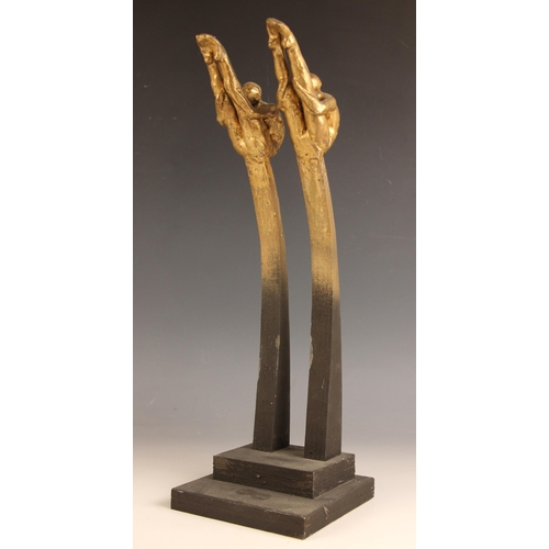 17 - John W Mills (1933-2023),   
Synchronised divers – pike,   
Painted resin on shaped and stepped wood... 