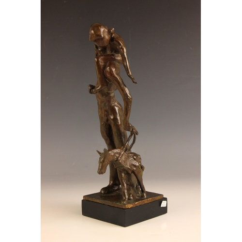 175 - John W Mills (1933-2023),  
Man with child on shoulders walking with dog,  
Patinated bronze on ebon... 