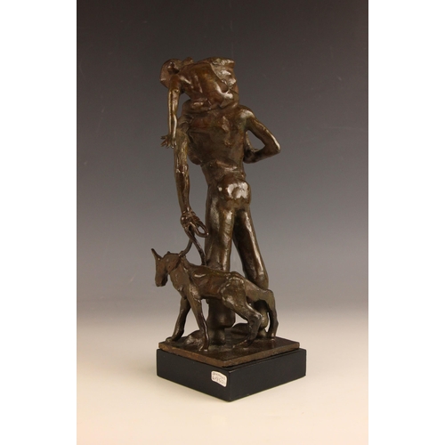 175 - John W Mills (1933-2023),  
Man with child on shoulders walking with dog,  
Patinated bronze on ebon... 