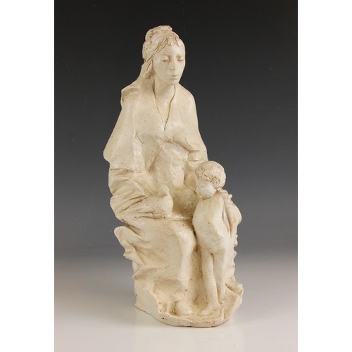 181 - John W. Mills (1933-2023),   
Mother and child with bird,  
Painted clay, freestanding,   
37cm high... 