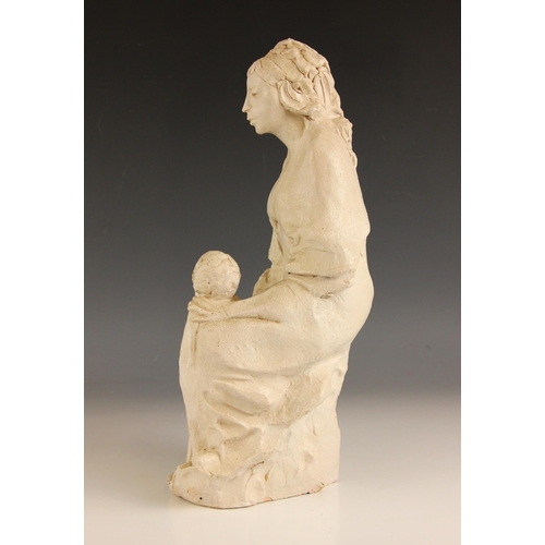 181 - John W. Mills (1933-2023),   
Mother and child with bird,  
Painted clay, freestanding,   
37cm high... 