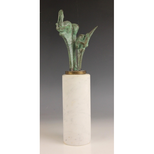 2 - John W Mills (1933-2023),   
Three divers in motion,   
Patinated bronze on tall white marble column... 