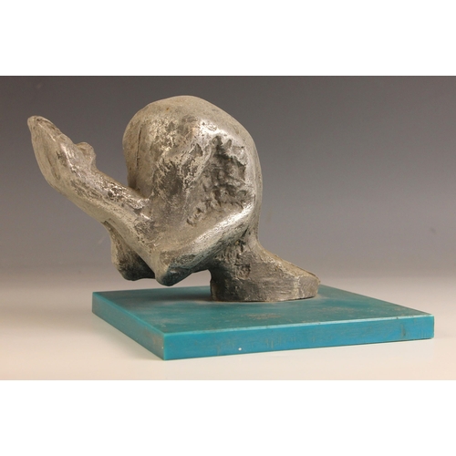 28 - John W Mills (1933-2023),   
Tuck, diver in motion,   
Steel on square turquoise composite base,    ... 