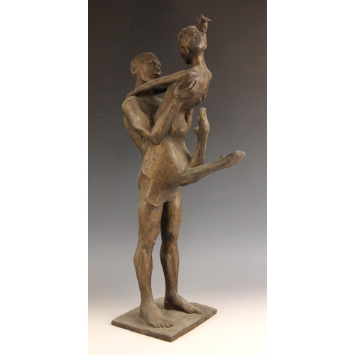 42 - John W Mills (1933-2023),   
Dancing couple, girl with legs raised,   
Patinated clay on integral sq... 