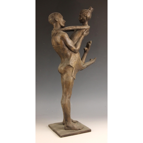 42 - John W Mills (1933-2023),   
Dancing couple, girl with legs raised,   
Patinated clay on integral sq... 