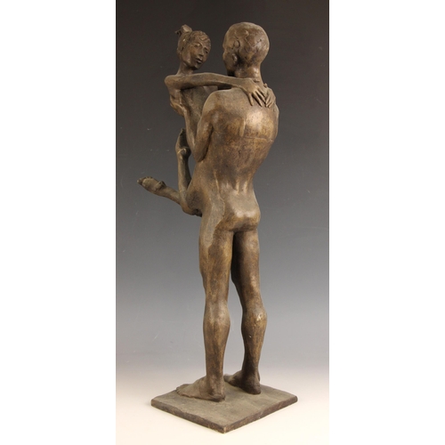 42 - John W Mills (1933-2023),   
Dancing couple, girl with legs raised,   
Patinated clay on integral sq... 