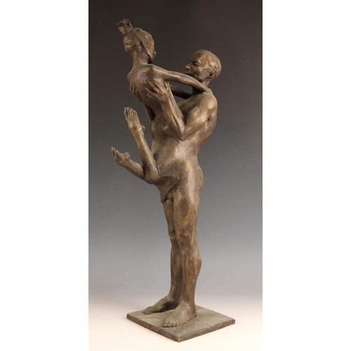 42 - John W Mills (1933-2023),   
Dancing couple, girl with legs raised,   
Patinated clay on integral sq... 