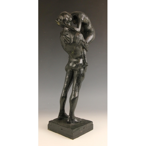 43 - John W Mills (1933-2023),   
Dancing couple, girl raised,   
Patinated resin on integral square base... 