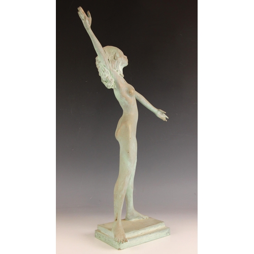 44 - John W Mills (1933-2023),   
Female dancer, right arm raised,     
Patinated resin on integral recta... 