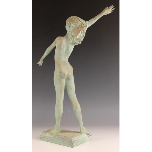 44 - John W Mills (1933-2023),   
Female dancer, right arm raised,     
Patinated resin on integral recta... 