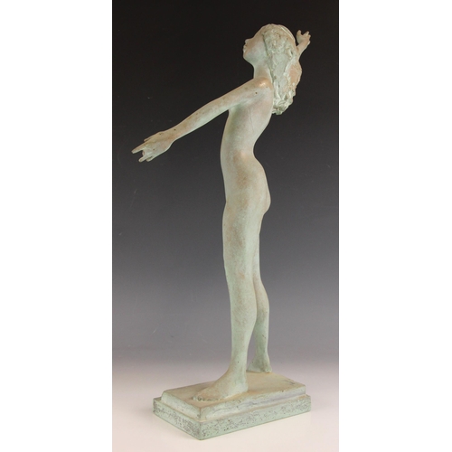 44 - John W Mills (1933-2023),   
Female dancer, right arm raised,     
Patinated resin on integral recta... 