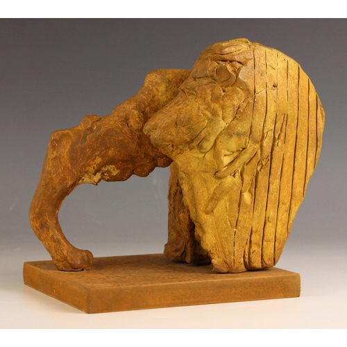 446 - John W Mills (1933-2023),   
Lion looking back,   
Painted plaster on rectangular base,   
Handwritt... 