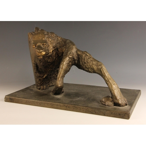 448 - John W Mills (1933-2023),   
Prowling lion looking back,   
Patinated bronze on rectangular base,   ... 