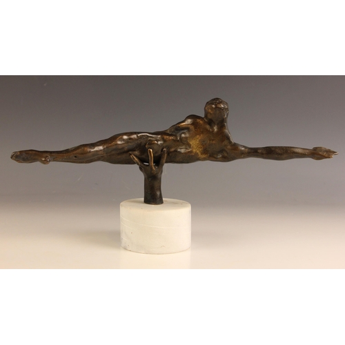 46 - John W Mills (1933-2023),   
‘Male Dancer – Lift’,     
Patinated bronze on circular white marble ba... 