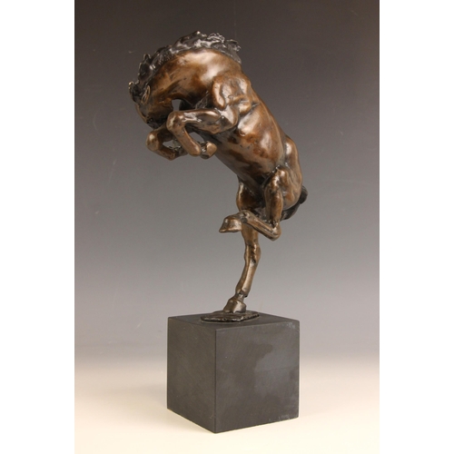 538 - Rearing mustang,  
Patinated bronze on wooden stand,  
Indistinctly signed,  
38cm high