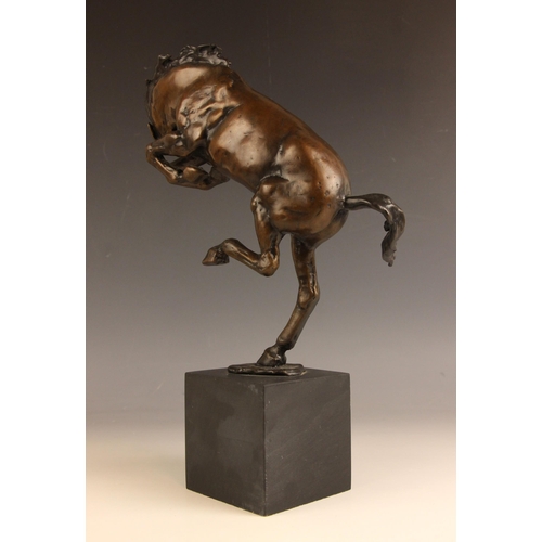 538 - Rearing mustang,  
Patinated bronze on wooden stand,  
Indistinctly signed,  
38cm high