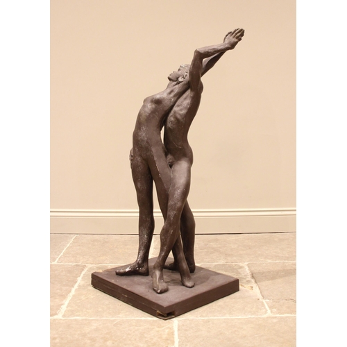 56 - John W Mills (1933-2023),   
Dancers – arms raised backwards,     
Patinated resin on square base,  ... 