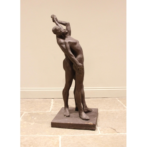 56 - John W Mills (1933-2023),   
Dancers – arms raised backwards,     
Patinated resin on square base,  ... 