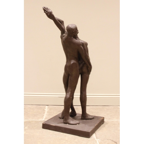 56 - John W Mills (1933-2023),   
Dancers – arms raised backwards,     
Patinated resin on square base,  ... 