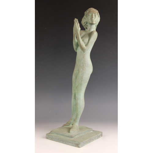 58 - John W Mills (1933-2023),   
Dancer – leaning female figure,     
Patinated resin on stepped base,  ... 