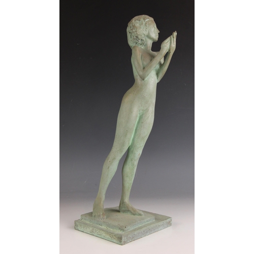 58 - John W Mills (1933-2023),   
Dancer – leaning female figure,     
Patinated resin on stepped base,  ... 