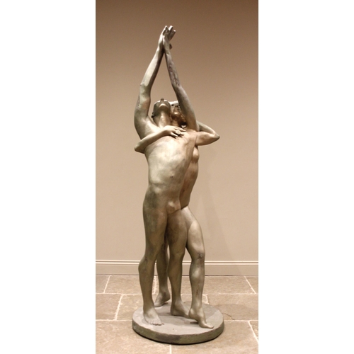 63 - John W Mills (1933-2023),   
Dancers – arms raised, female with ring,    Patinated resin on integral... 