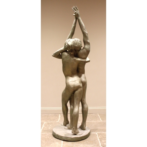 63 - John W Mills (1933-2023),   
Dancers – arms raised, female with ring,    Patinated resin on integral... 