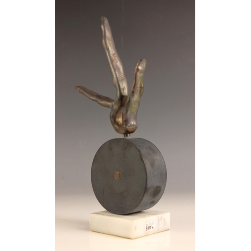 98 - John W Mills (1933-2023),   
Abstract acrobat,   
Patinated bronze on bronze circle and white marble... 