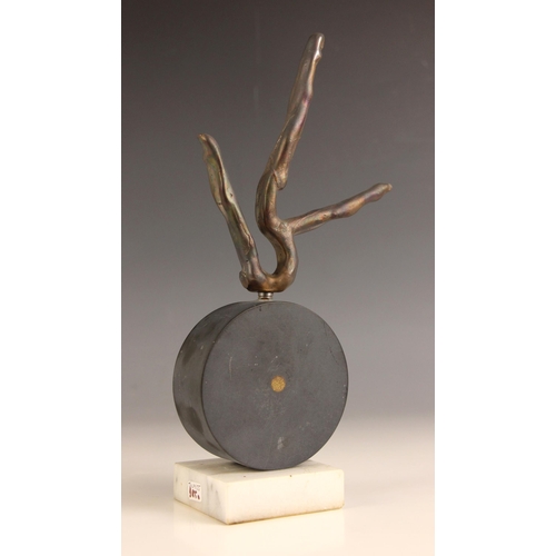 98 - John W Mills (1933-2023),   
Abstract acrobat,   
Patinated bronze on bronze circle and white marble... 