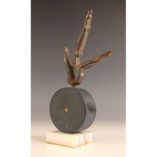 98 - John W Mills (1933-2023),   
Abstract acrobat,   
Patinated bronze on bronze circle and white marble... 