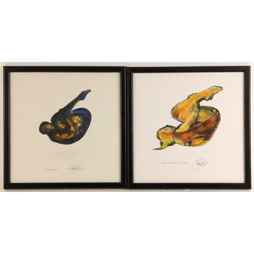 36 - John W. Mills (1933-2023),  
'Somersault' and 'Somersault with tuck', Watercolour over lithograph,  ... 