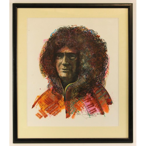 428 - John W. Mills (1933-2023),  
Portrait of Brian May, 
Titled 'Bri',  
Mixed media on paper,  
Signed ... 