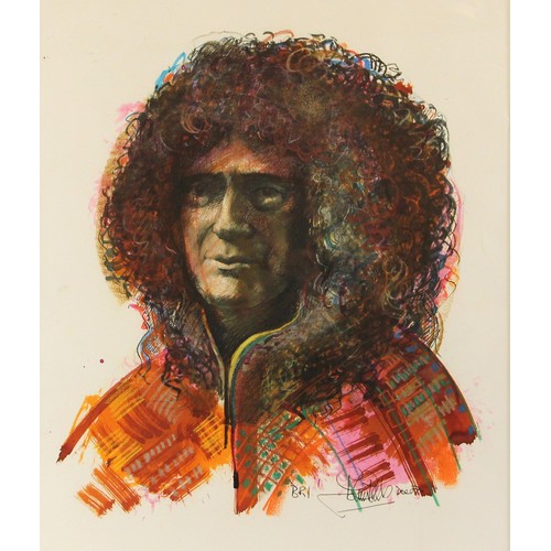 428 - John W. Mills (1933-2023),  
Portrait of Brian May, 
Titled 'Bri',  
Mixed media on paper,  
Signed ... 